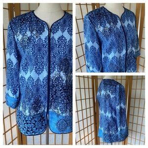 Coldwater Creek Blue Patterned Linen Blend Embroidered Jacket SZ 14